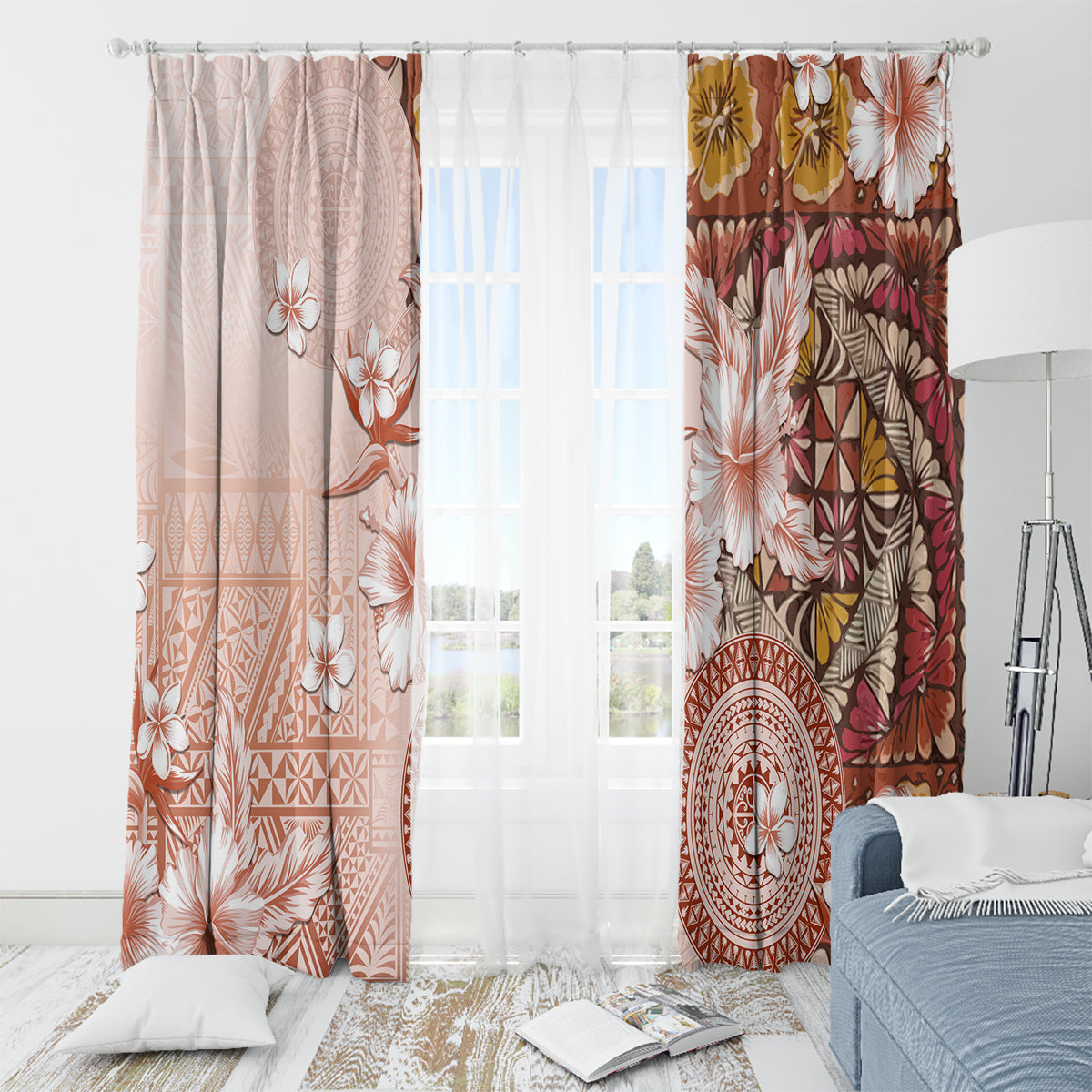 Tonga Ngatu Pattern With Light Tabasco Hibiscus Window Curtain Oil Painting Style