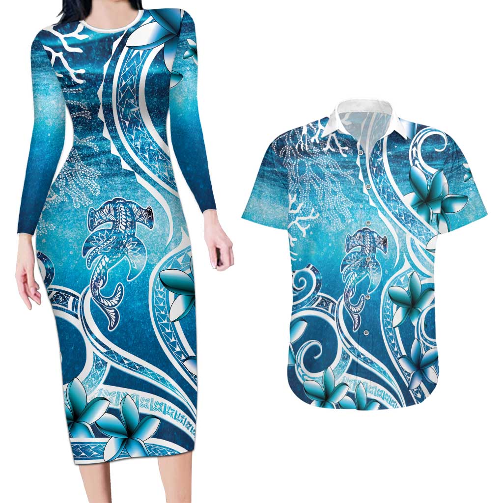 Polynesia World Ocean Day Couples Matching Long Sleeve Bodycon Dress and Hawaiian Shirt Ocean Style