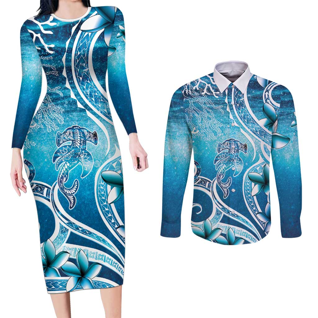 Polynesia World Ocean Day Couples Matching Long Sleeve Bodycon Dress and Long Sleeve Button Shirt Ocean Style