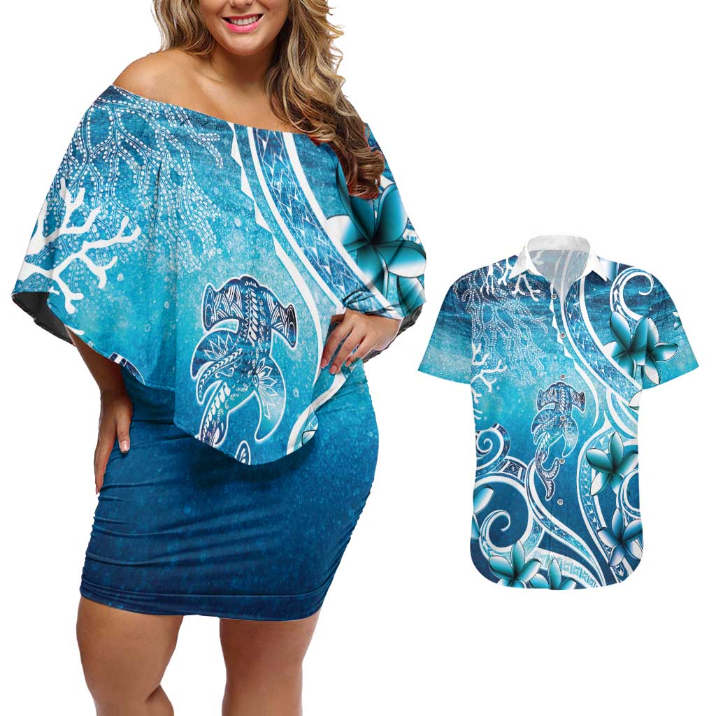 Polynesia World Ocean Day Couples Matching Off Shoulder Short Dress and Hawaiian Shirt Ocean Style