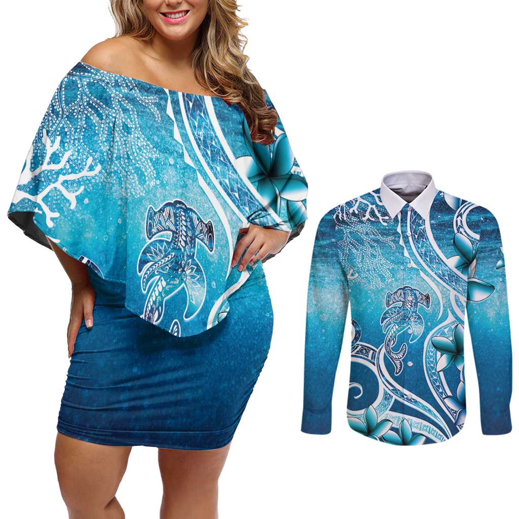 Polynesia World Ocean Day Couples Matching Off Shoulder Short Dress and Long Sleeve Button Shirt Ocean Style