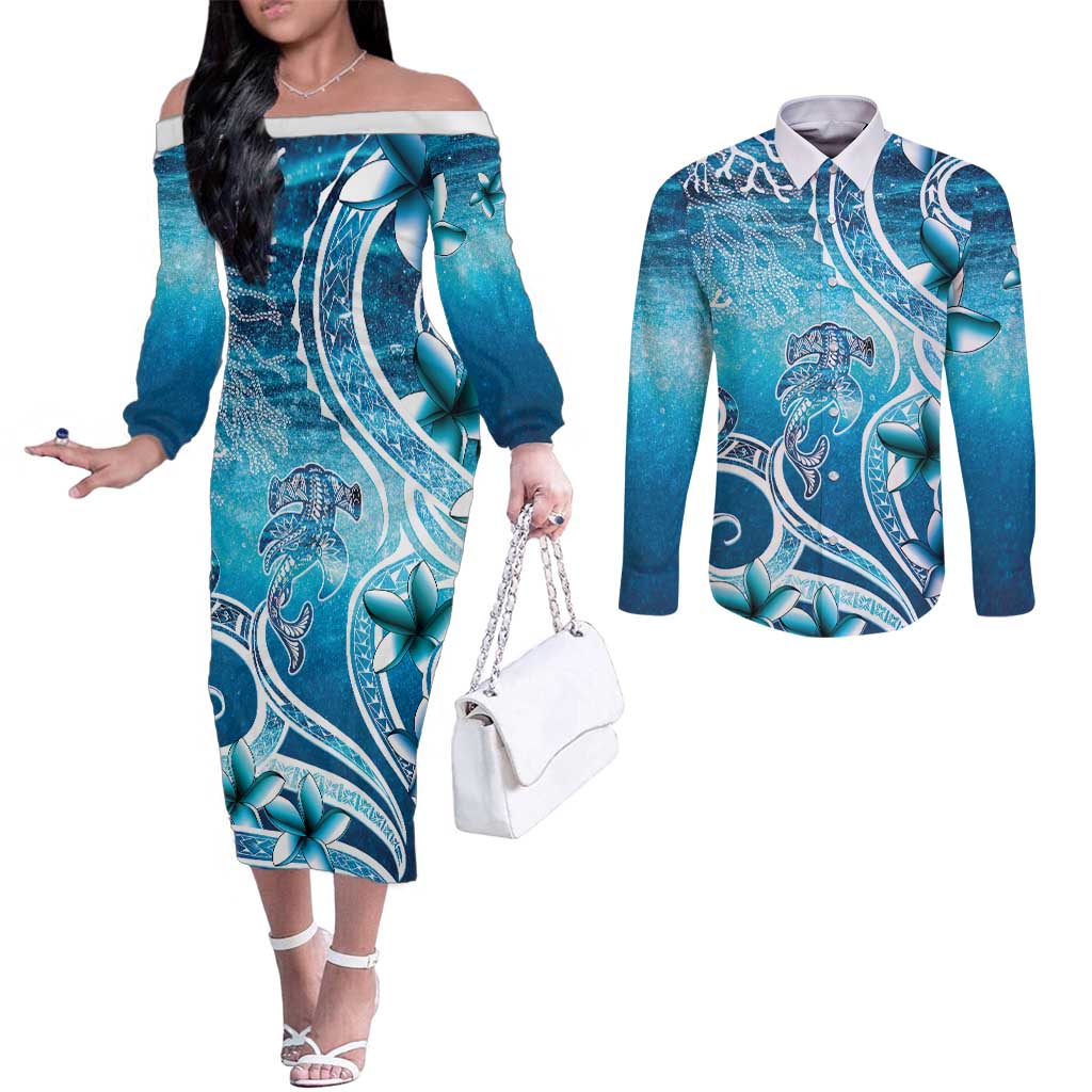 Polynesia World Ocean Day Couples Matching Off The Shoulder Long Sleeve Dress and Long Sleeve Button Shirt Ocean Style