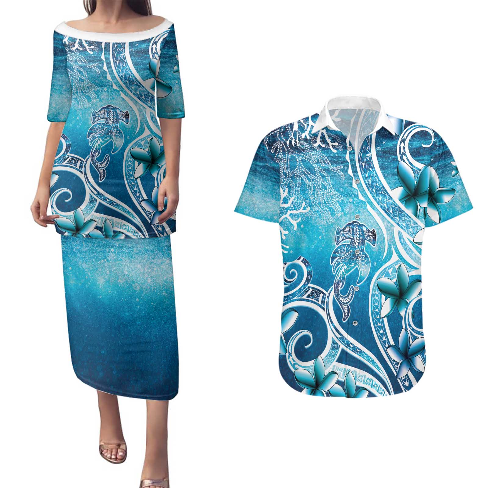 Polynesia World Ocean Day Couples Matching Puletasi and Hawaiian Shirt Ocean Style