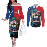 Samoa Couples Matching Off The Shoulder Long Sleeve Dress and Long Sleeve Button Shirt Humpback Whale Siapo Pattern