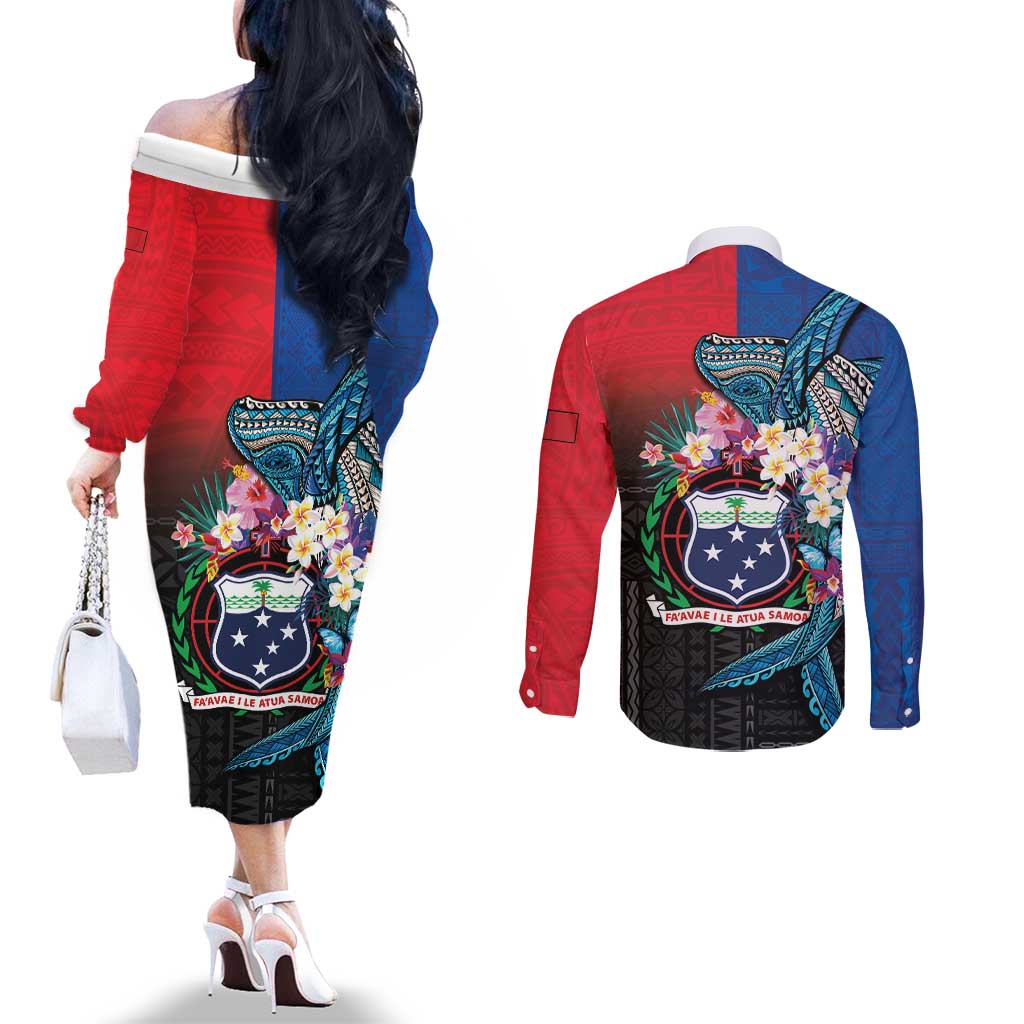 Samoa Couples Matching Off The Shoulder Long Sleeve Dress and Long Sleeve Button Shirt Humpback Whale Siapo Pattern