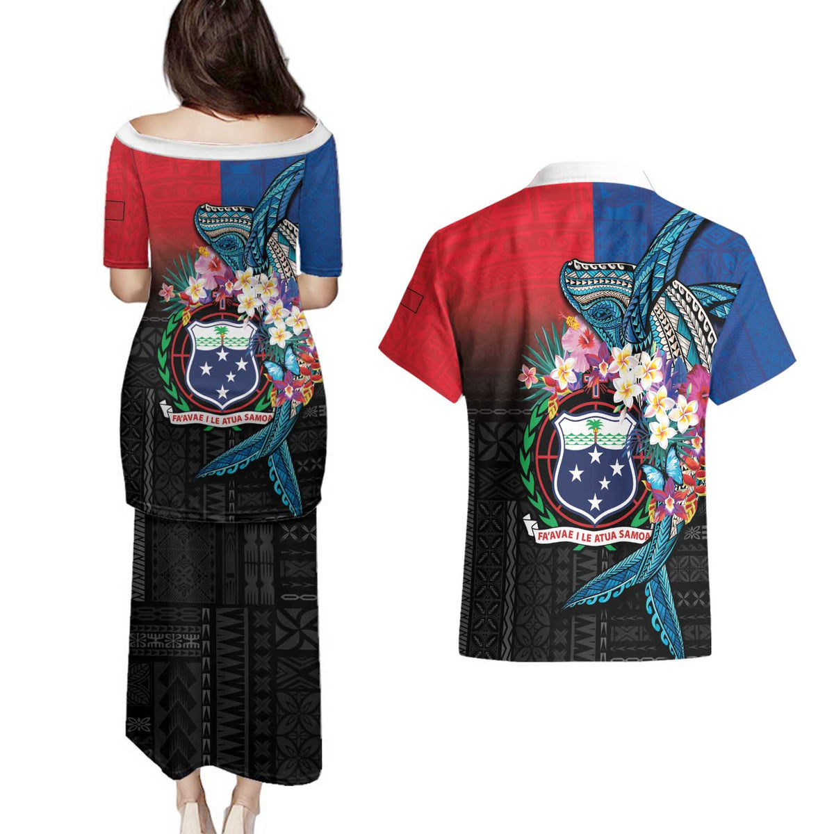 Samoa Couples Matching Puletasi and Hawaiian Shirt Humpback Whale Siapo Pattern