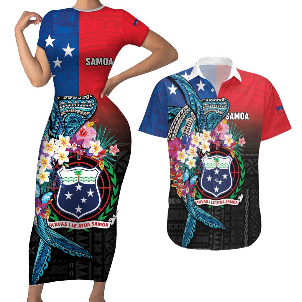 Samoa Couples Matching Short Sleeve Bodycon Dress and Hawaiian Shirt Humpback Whale Siapo Pattern