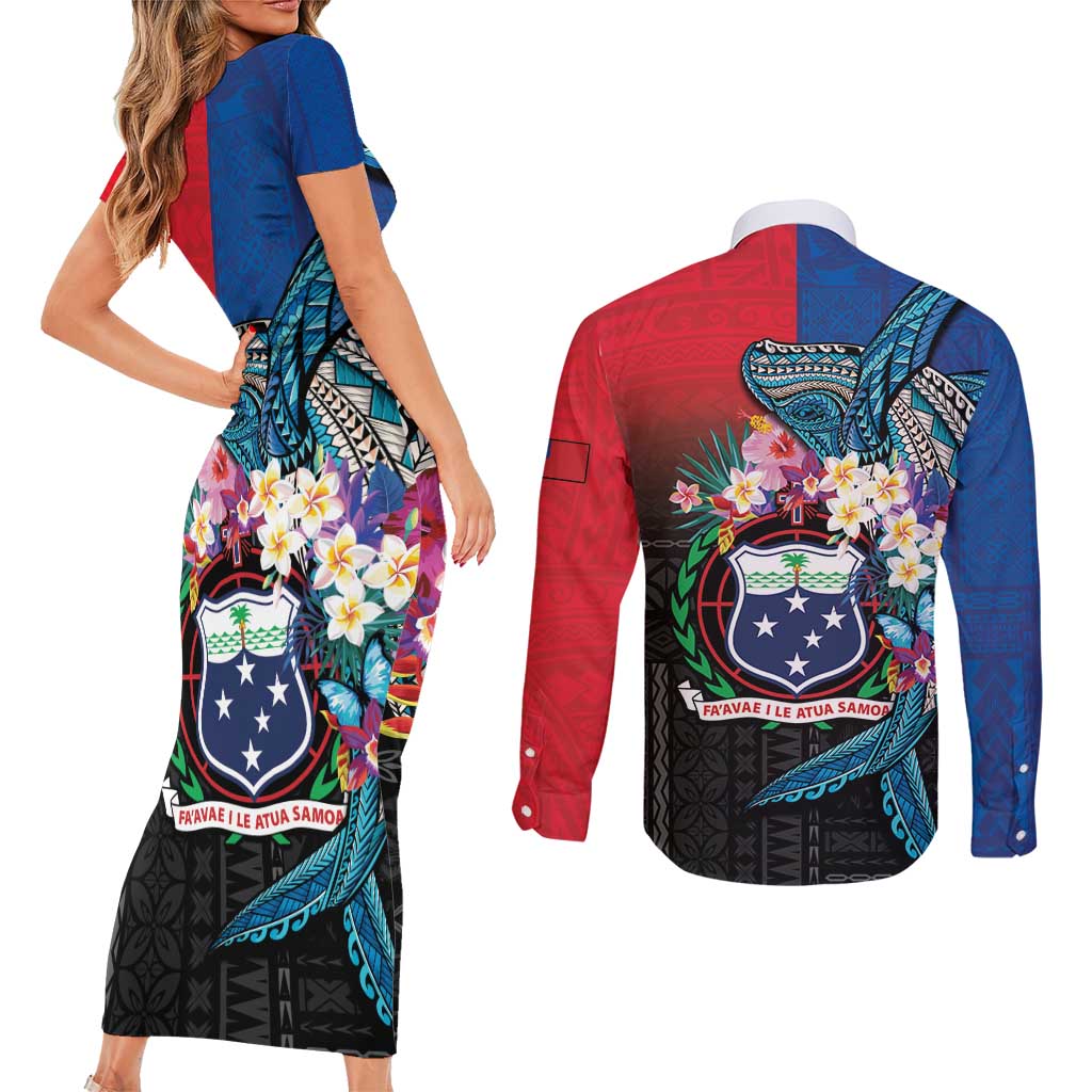 Samoa Couples Matching Short Sleeve Bodycon Dress and Long Sleeve Button Shirt Humpback Whale Siapo Pattern