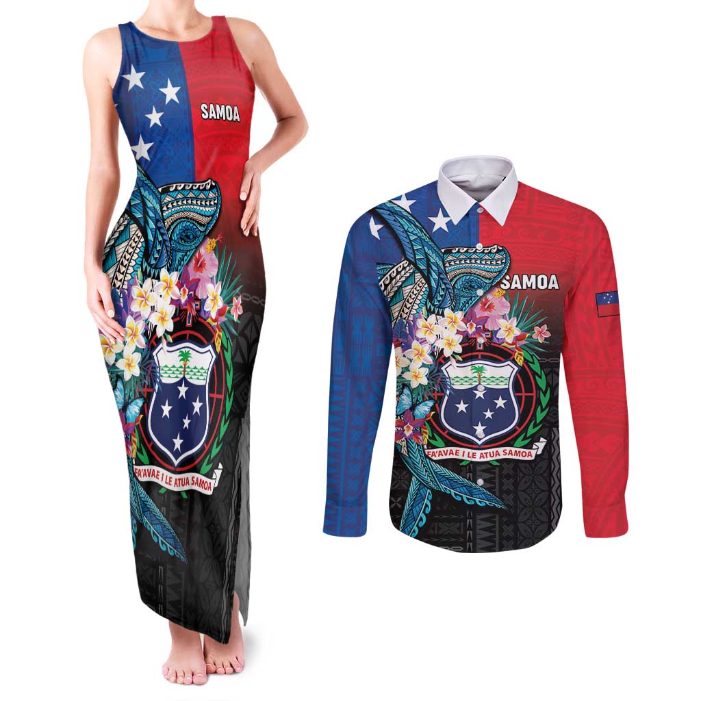 Samoa Couples Matching Tank Maxi Dress and Long Sleeve Button Shirt Humpback Whale Siapo Pattern