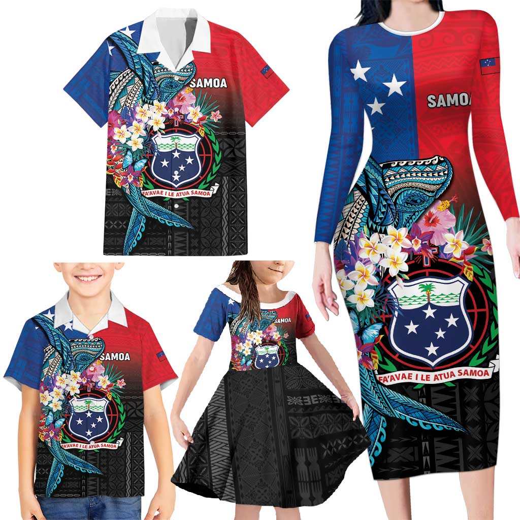 Samoa Family Matching Long Sleeve Bodycon Dress and Hawaiian Shirt Humpback Whale Siapo Pattern