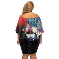 Samoa Family Matching Off Shoulder Short Dress and Hawaiian Shirt Humpback Whale Siapo Pattern