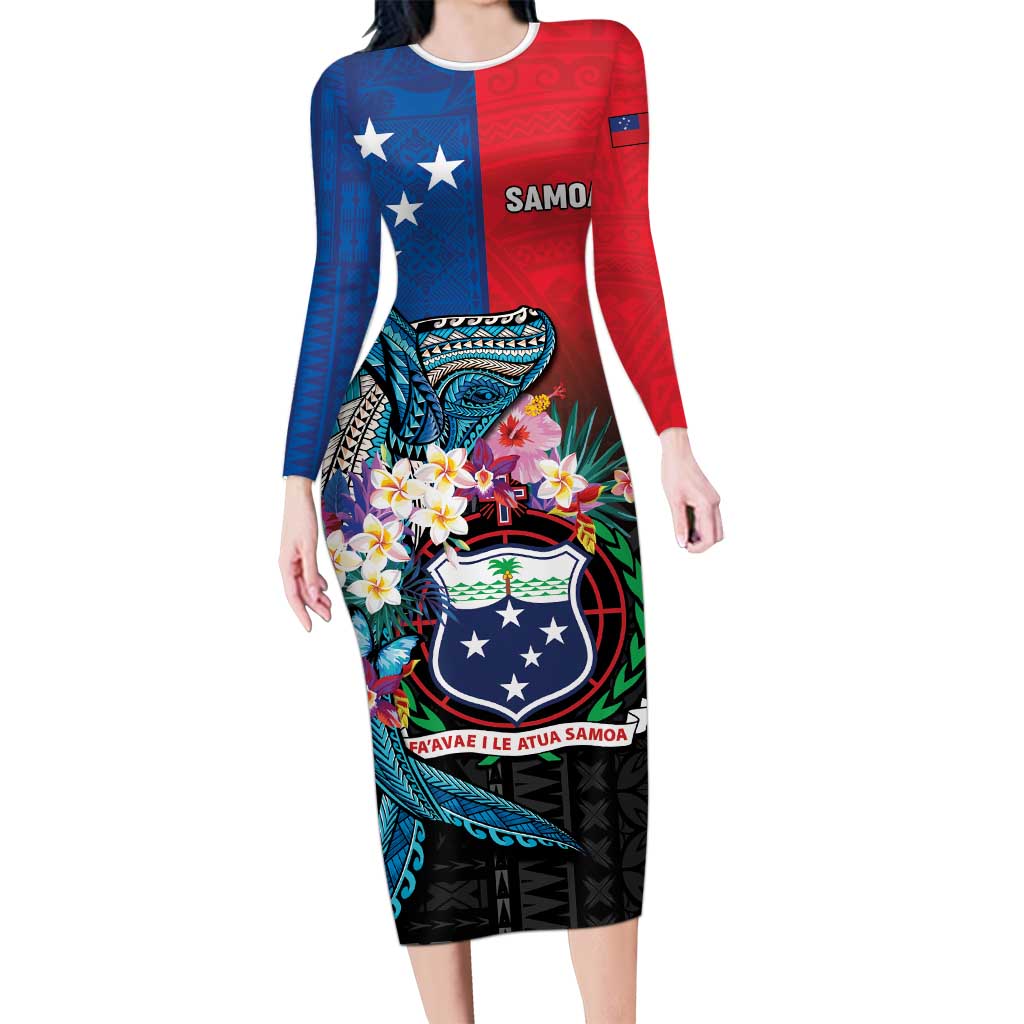 Samoa Long Sleeve Bodycon Dress Humpback Whale Siapo Pattern