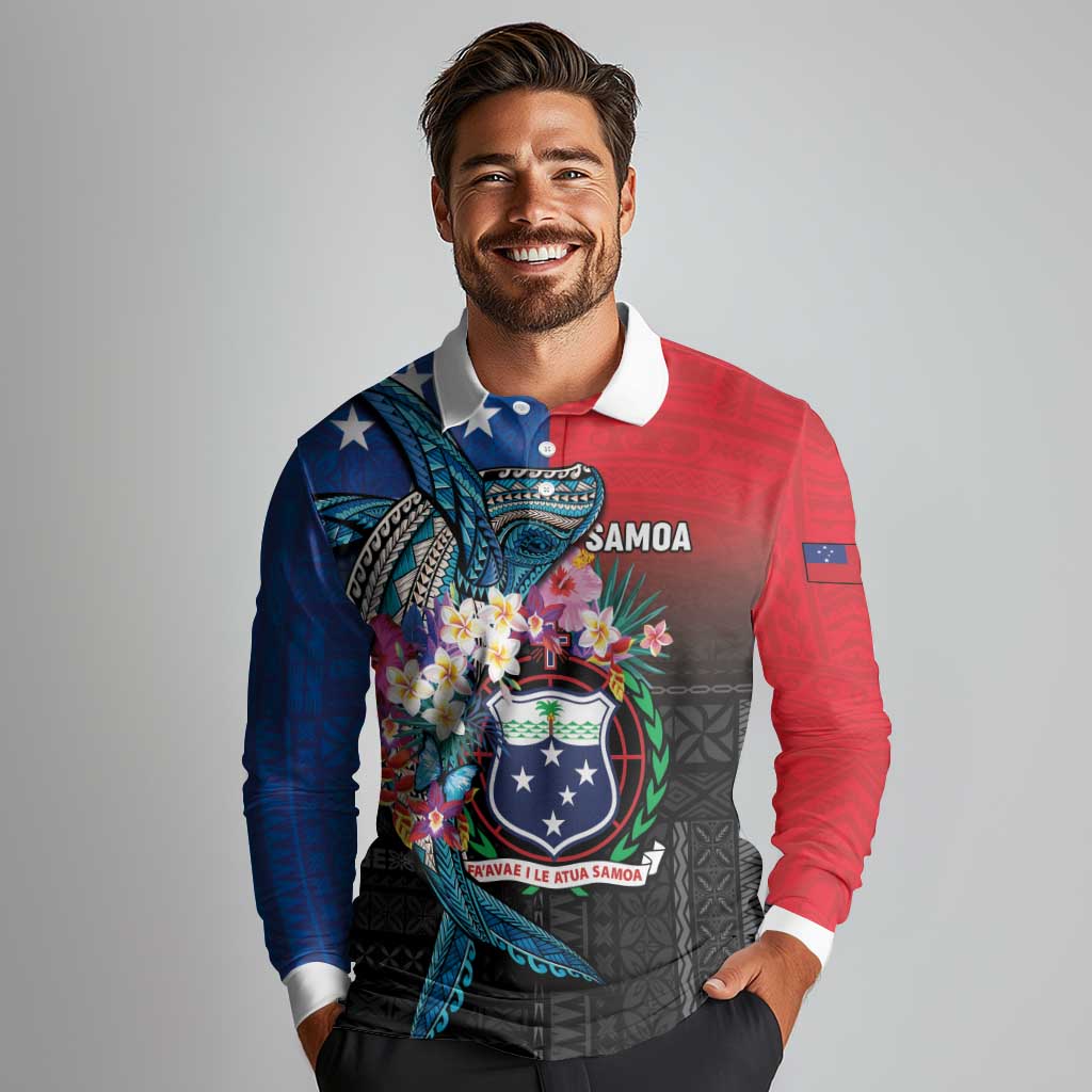 Samoa Long Sleeve Polo Shirt Humpback Whale Siapo Pattern