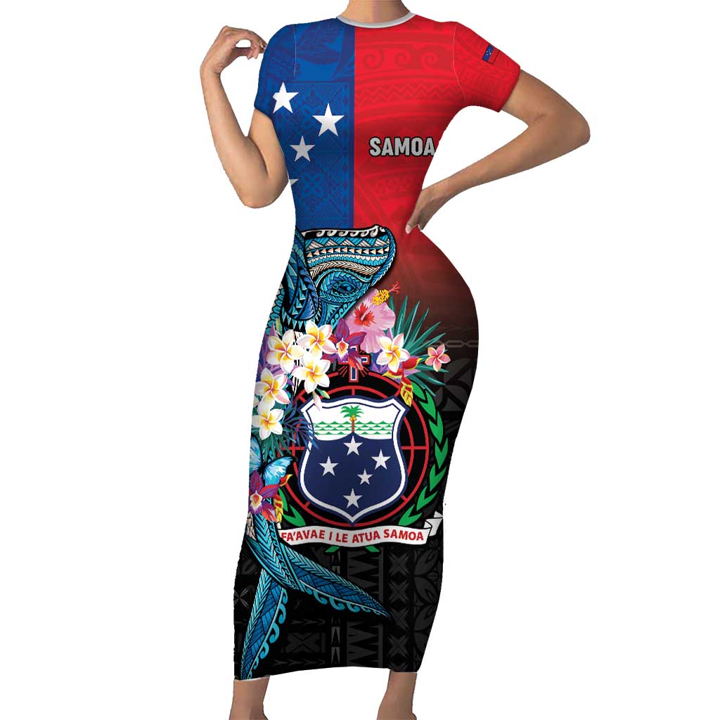Samoa Short Sleeve Bodycon Dress Humpback Whale Siapo Pattern