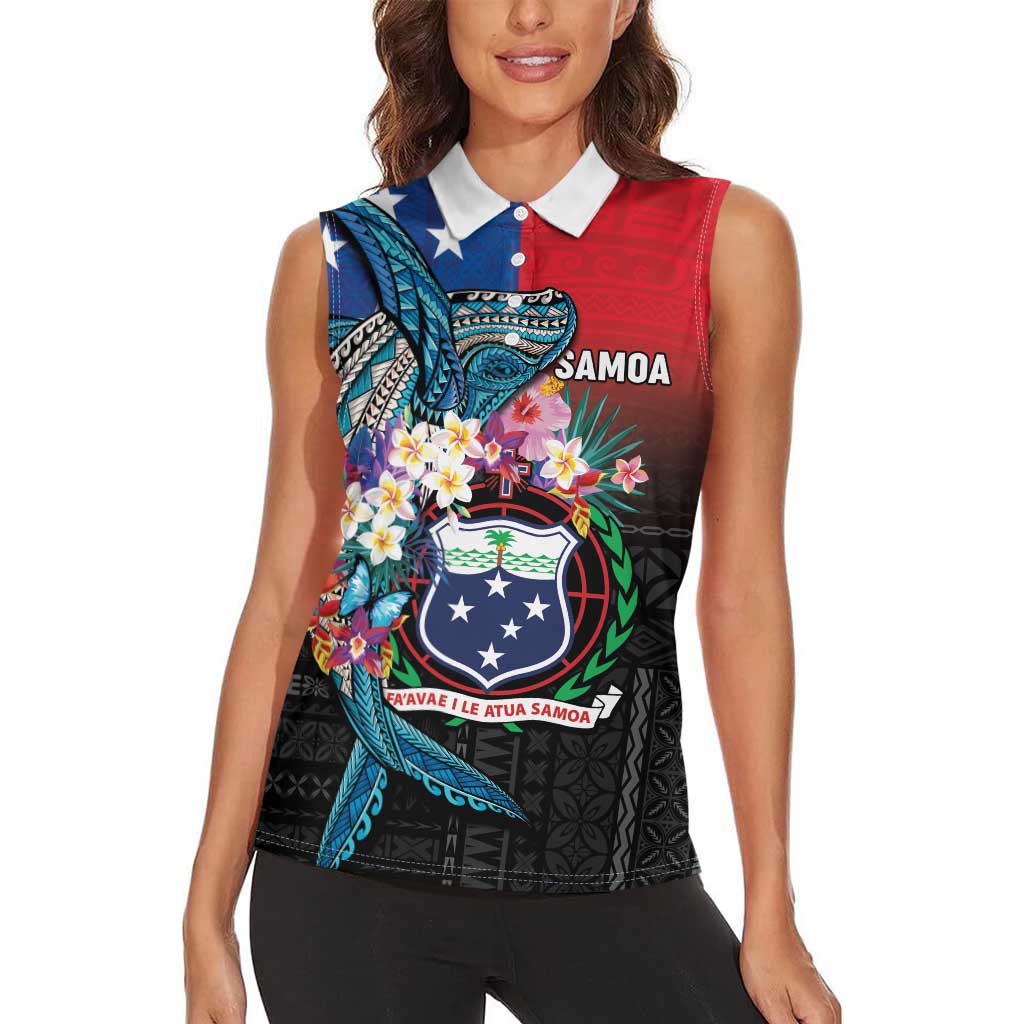 Samoa Women Sleeveless Polo Shirt Humpback Whale Siapo Pattern