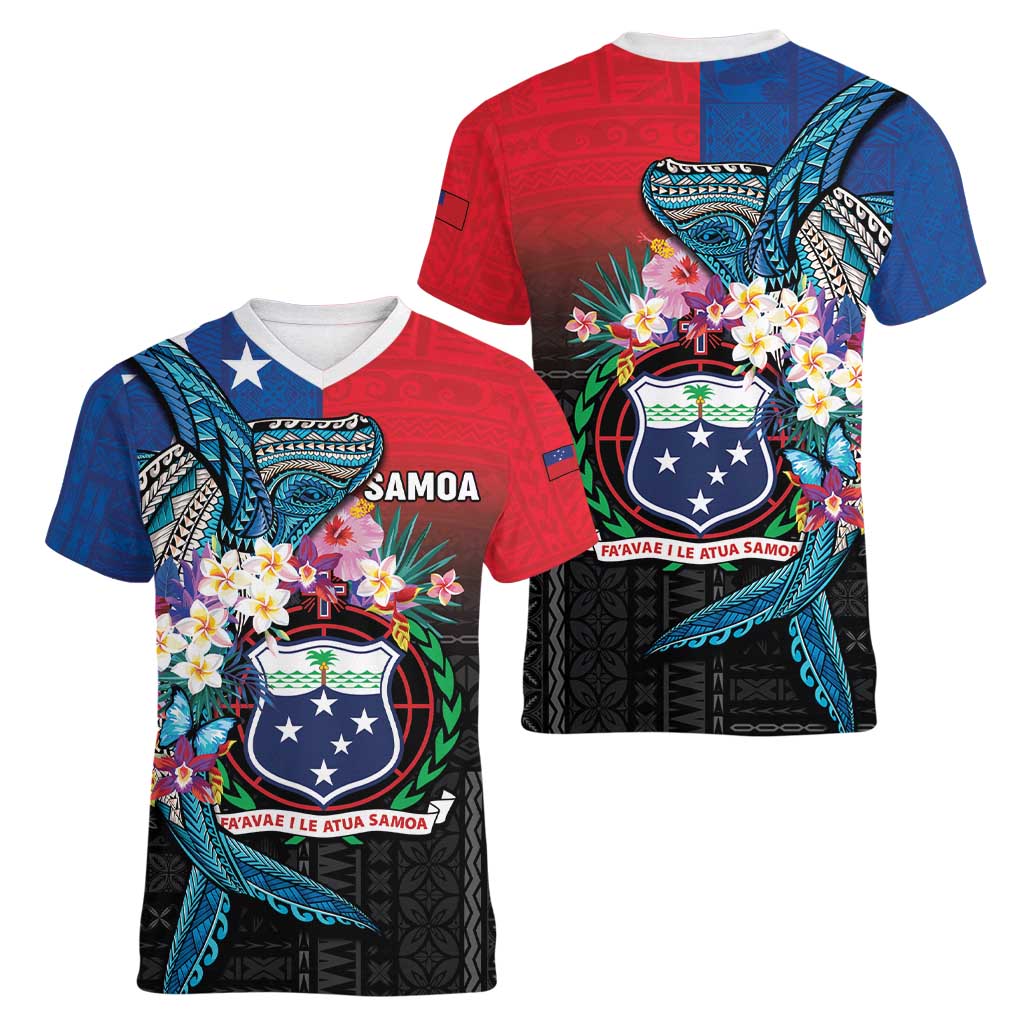 Samoa Women V-Neck T-Shirt Humpback Whale Siapo Pattern