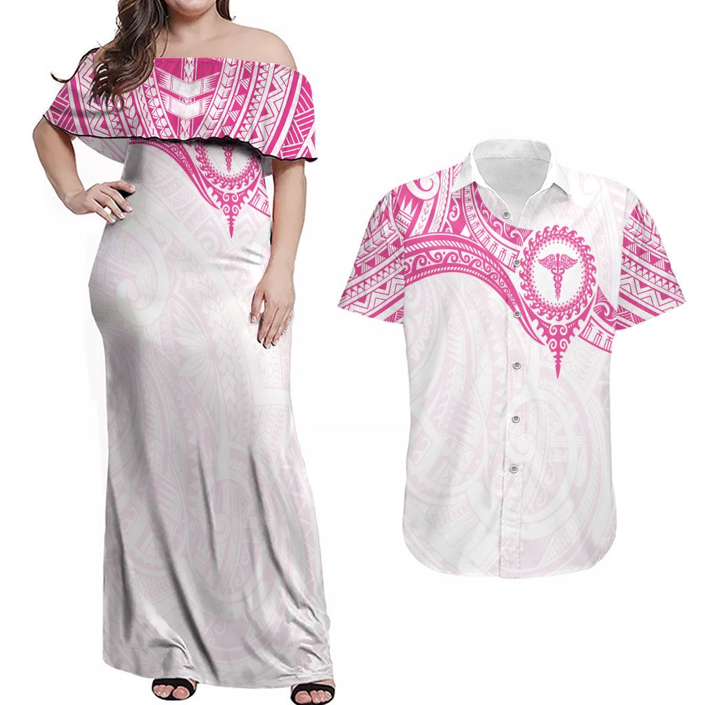Personalised New Zealand Aotearoa Couples Matching Off Shoulder Maxi Dress and Hawaiian Shirt Nurse Tribal Pink Version LT05 Pink - Polynesian Pride