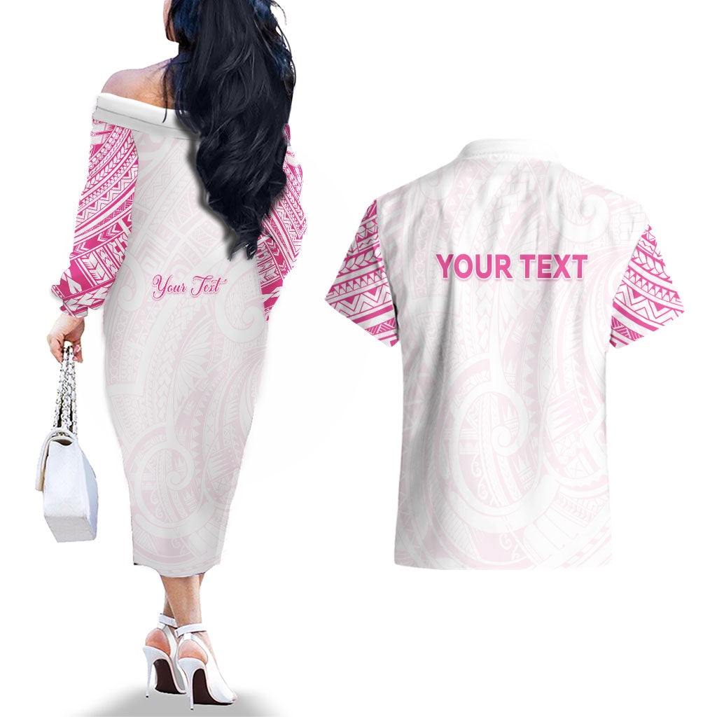 Personalised New Zealand Aotearoa Couples Matching Off The Shoulder Long Sleeve Dress and Hawaiian Shirt Nurse Tribal Pink Version LT05 - Polynesian Pride