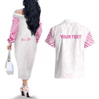 Personalised New Zealand Aotearoa Couples Matching Off The Shoulder Long Sleeve Dress and Hawaiian Shirt Nurse Tribal Pink Version LT05 - Polynesian Pride