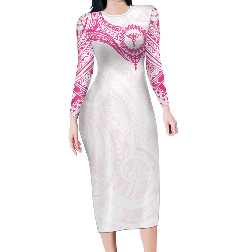 Personalised New Zealand Aotearoa Family Matching Long Sleeve Bodycon Dress and Hawaiian Shirt Nurse Tribal Pink Version LT05 Mom's Dress Pink - Polynesian Pride