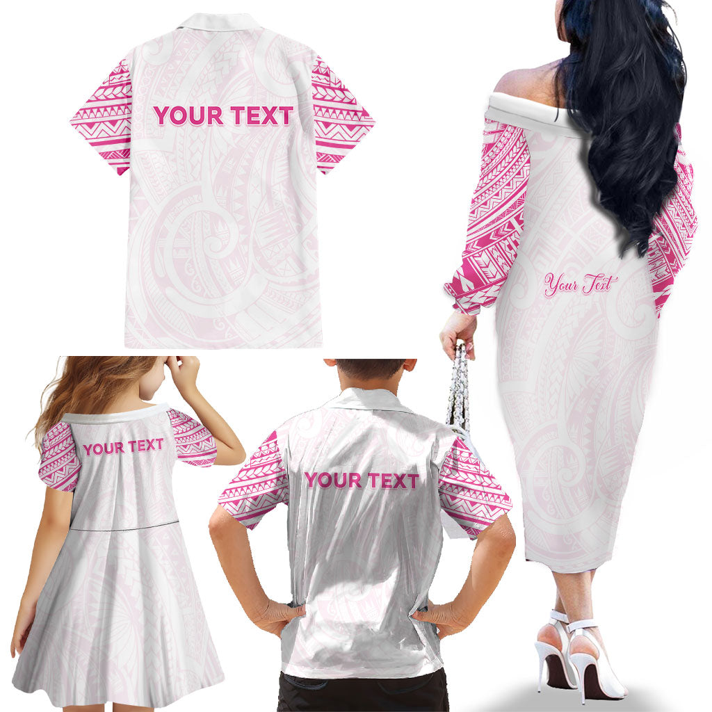 Personalised New Zealand Aotearoa Family Matching Off The Shoulder Long Sleeve Dress and Hawaiian Shirt Nurse Tribal Pink Version LT05 - Polynesian Pride