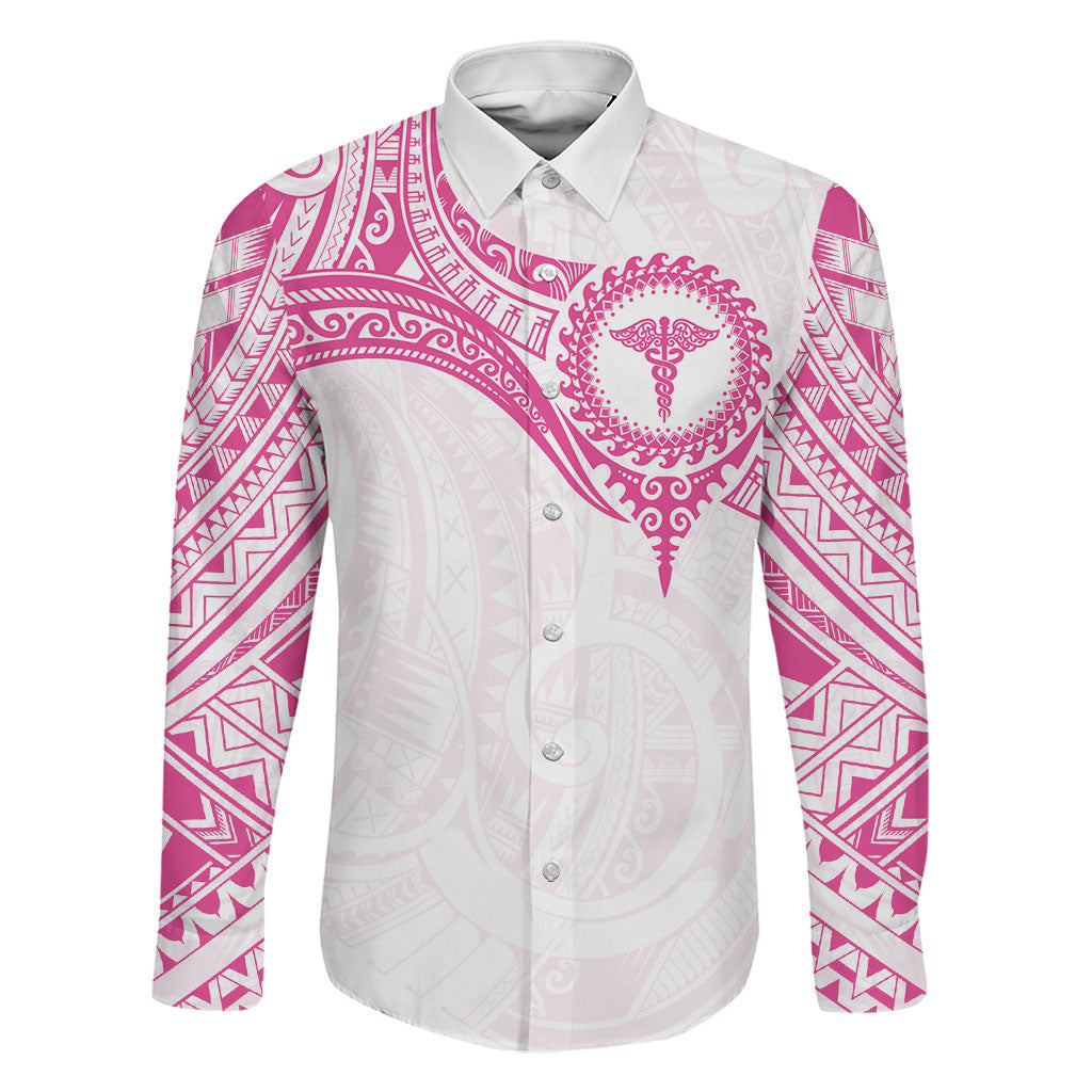 Personalised New Zealand Aotearoa Family Matching Off Shoulder Maxi Dress and Hawaiian Shirt Nurse Tribal Pink Version LT05 Dad's Shirt - Long Sleeve Pink - Polynesian Pride