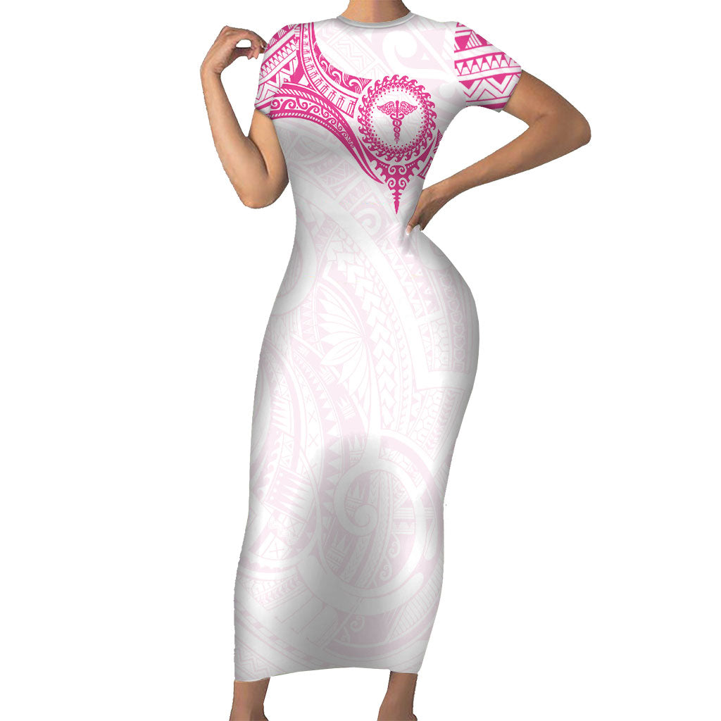 Personalised New Zealand Aotearoa Family Matching Short Sleeve Bodycon Dress and Hawaiian Shirt Nurse Tribal Pink Version LT05 Mom's Dress Pink - Polynesian Pride