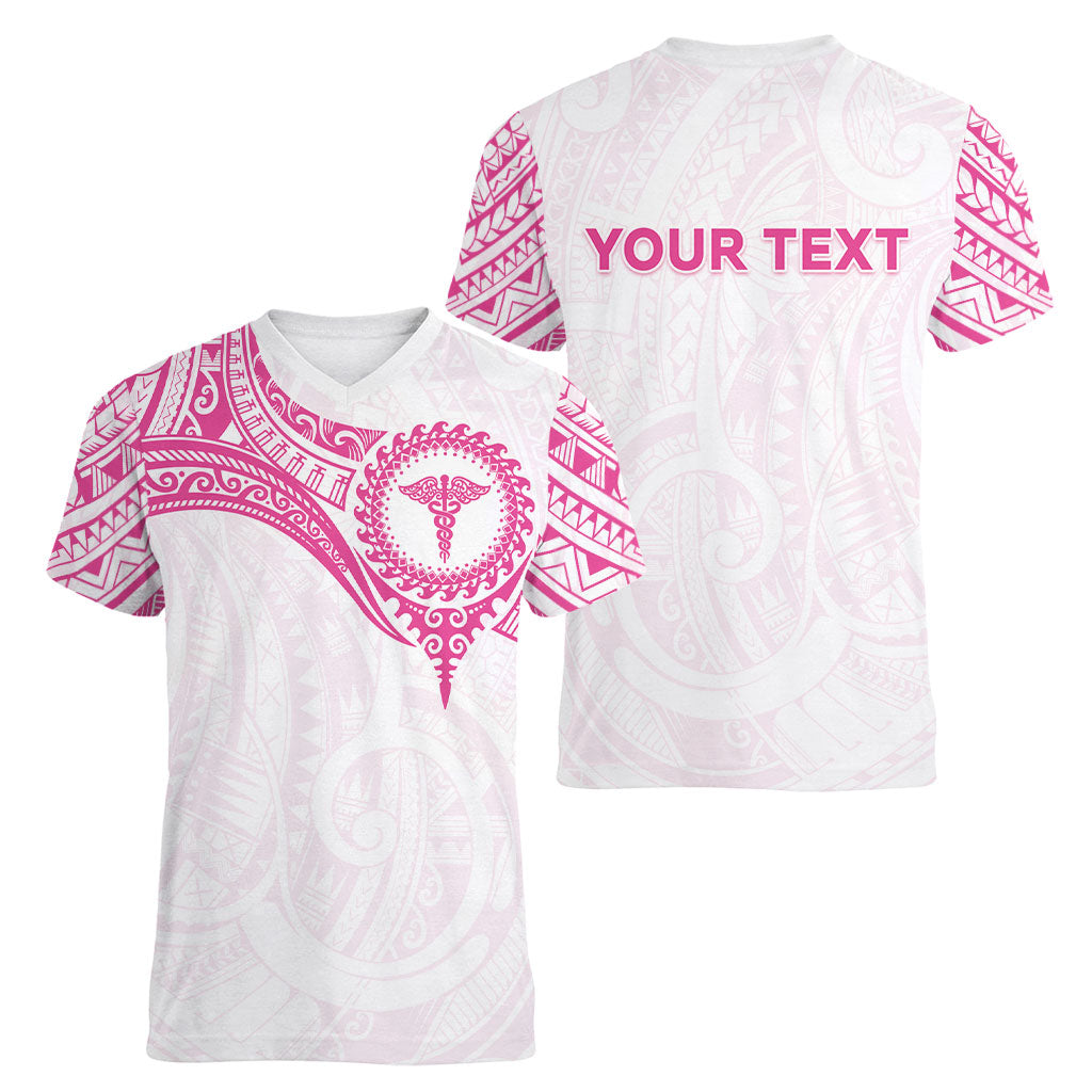 Personalised New Zealand Aotearoa Women V-Neck T-Shirt Nurse Tribal Pink Version LT05 - Polynesian Pride