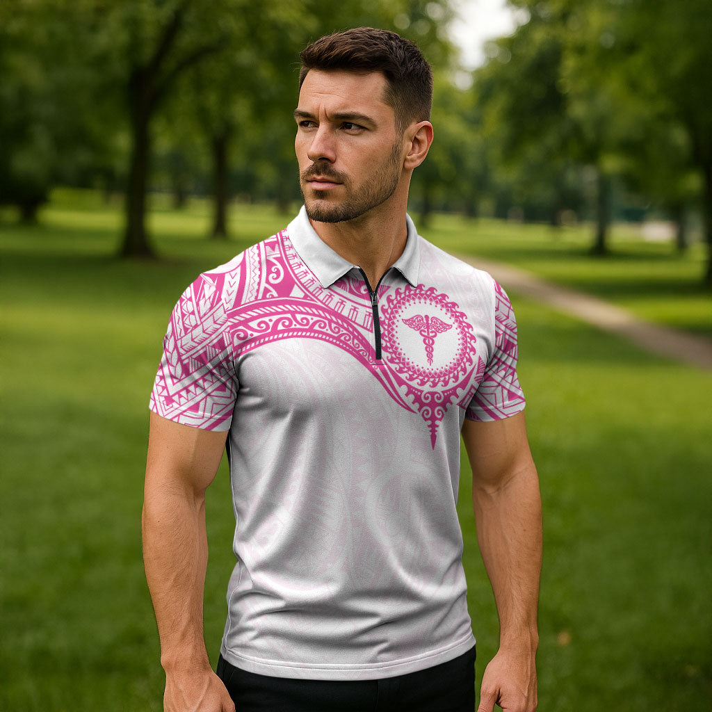 Personalised New Zealand Aotearoa Zipper Polo Shirt Nurse Tribal Pink Version LT05 - Polynesian Pride