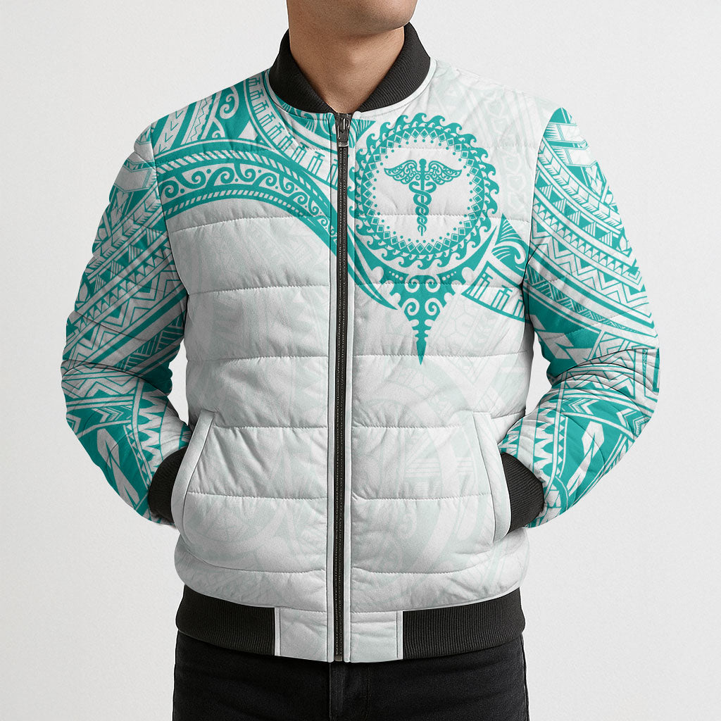 Personalised New Zealand Aotearoa Bomber Puffer Jacket Nurse Tribal Teal Version