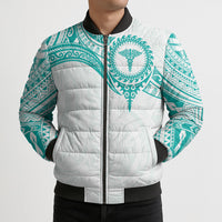 Personalised New Zealand Aotearoa Bomber Puffer Jacket Nurse Tribal Teal Version