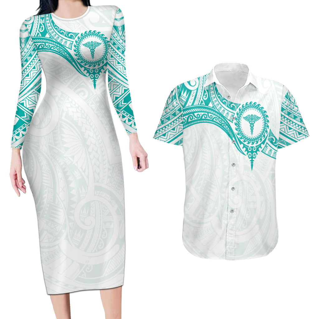 Personalised New Zealand Aotearoa Couples Matching Long Sleeve Bodycon Dress and Hawaiian Shirt Nurse Tribal Teal Version LT05 Teal - Polynesian Pride