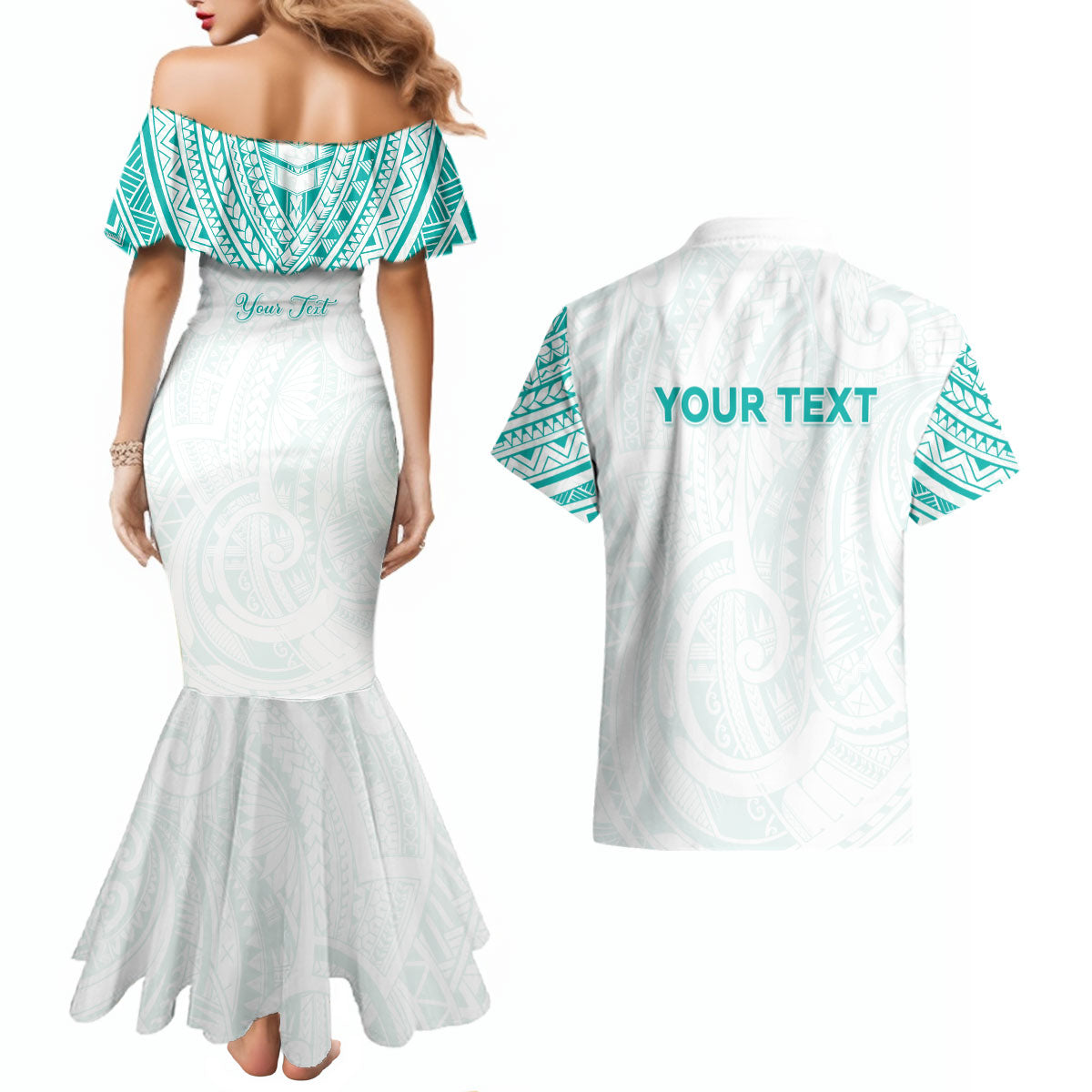 Personalised New Zealand Aotearoa Couples Matching Mermaid Dress and Hawaiian Shirt Nurse Tribal Teal Version LT05 - Polynesian Pride