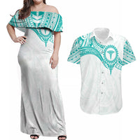 Personalised New Zealand Aotearoa Couples Matching Off Shoulder Maxi Dress and Hawaiian Shirt Nurse Tribal Teal Version LT05 Teal - Polynesian Pride