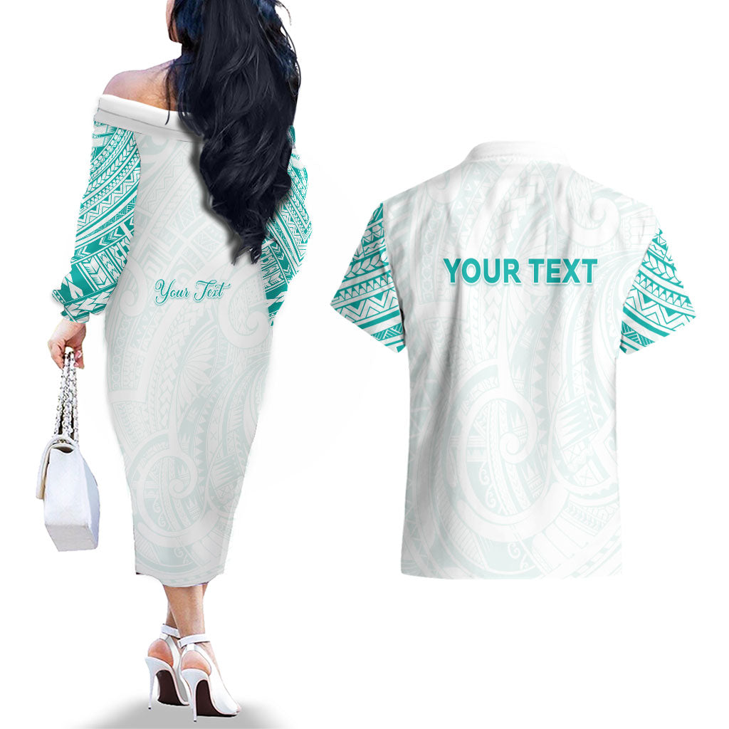 Personalised New Zealand Aotearoa Couples Matching Off The Shoulder Long Sleeve Dress and Hawaiian Shirt Nurse Tribal Teal Version LT05 - Polynesian Pride