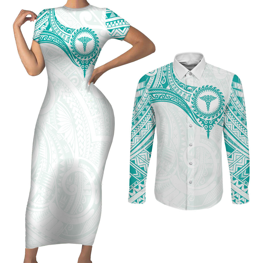Personalised New Zealand Aotearoa Couples Matching Short Sleeve Bodycon Dress and Long Sleeve Button Shirt Nurse Tribal Teal Version LT05 Teal - Polynesian Pride