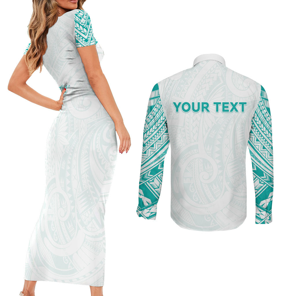 Personalised New Zealand Aotearoa Couples Matching Short Sleeve Bodycon Dress and Long Sleeve Button Shirt Nurse Tribal Teal Version LT05 - Polynesian Pride