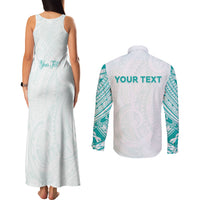 Personalised New Zealand Aotearoa Couples Matching Tank Maxi Dress and Long Sleeve Button Shirt Nurse Tribal Teal Version LT05 - Polynesian Pride