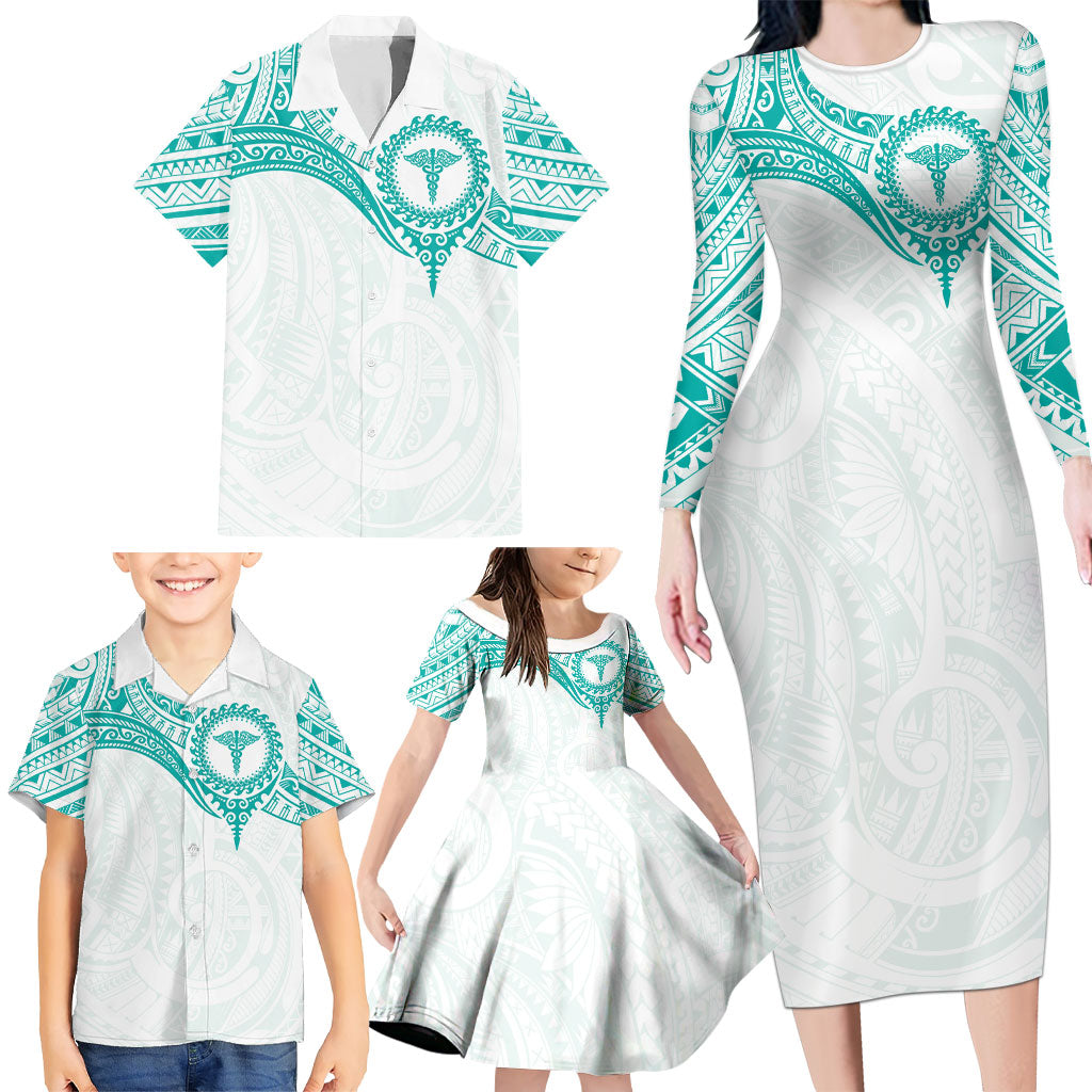 Personalised New Zealand Aotearoa Family Matching Long Sleeve Bodycon Dress and Hawaiian Shirt Nurse Tribal Teal Version LT05 - Polynesian Pride