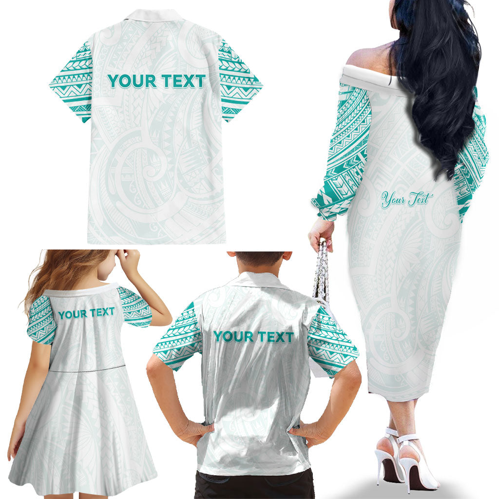 Personalised New Zealand Aotearoa Family Matching Off The Shoulder Long Sleeve Dress and Hawaiian Shirt Nurse Tribal Teal Version LT05 - Polynesian Pride