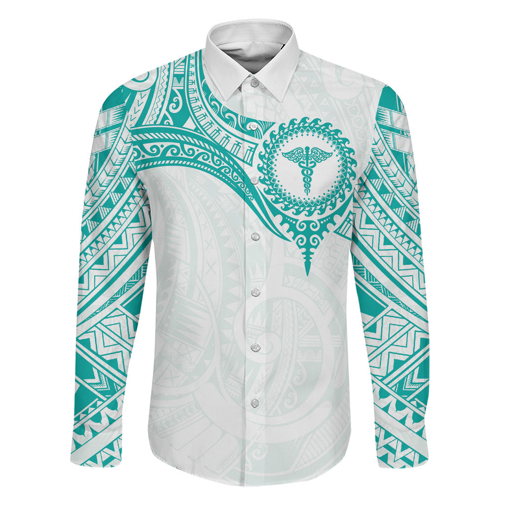 Personalised New Zealand Aotearoa Family Matching Off The Shoulder Long Sleeve Dress and Hawaiian Shirt Nurse Tribal Teal Version LT05 Dad's Shirt - Long Sleeve Teal - Polynesian Pride