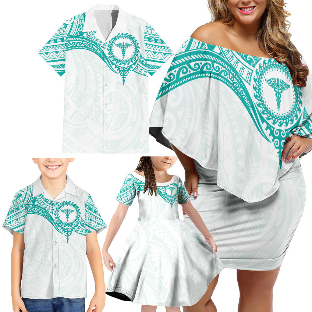 Personalised New Zealand Aotearoa Family Matching Off Shoulder Short Dress and Hawaiian Shirt Nurse Tribal Teal Version LT05 - Polynesian Pride