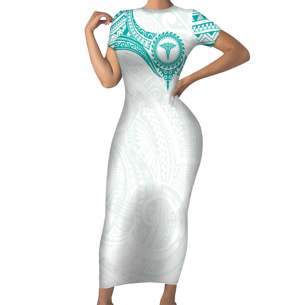 Personalised New Zealand Aotearoa Family Matching Short Sleeve Bodycon Dress and Hawaiian Shirt Nurse Tribal Teal Version LT05 Mom's Dress Teal - Polynesian Pride