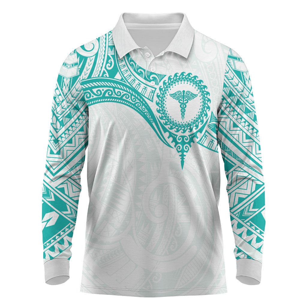 Personalised New Zealand Aotearoa Long Sleeve Polo Shirt Nurse Tribal Teal Version