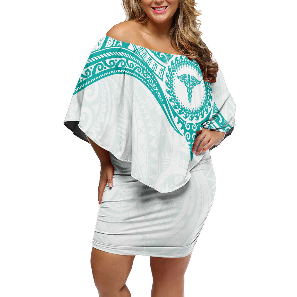 Personalised New Zealand Aotearoa Off Shoulder Short Dress Nurse Tribal Teal Version