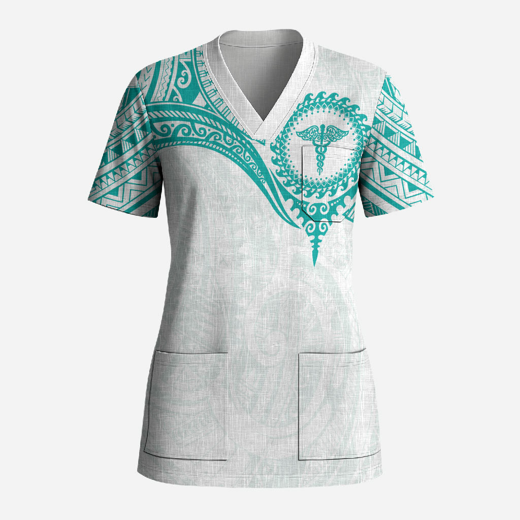 Personalised New Zealand Aotearoa Scrub Top Nurse Tribal Teal Version