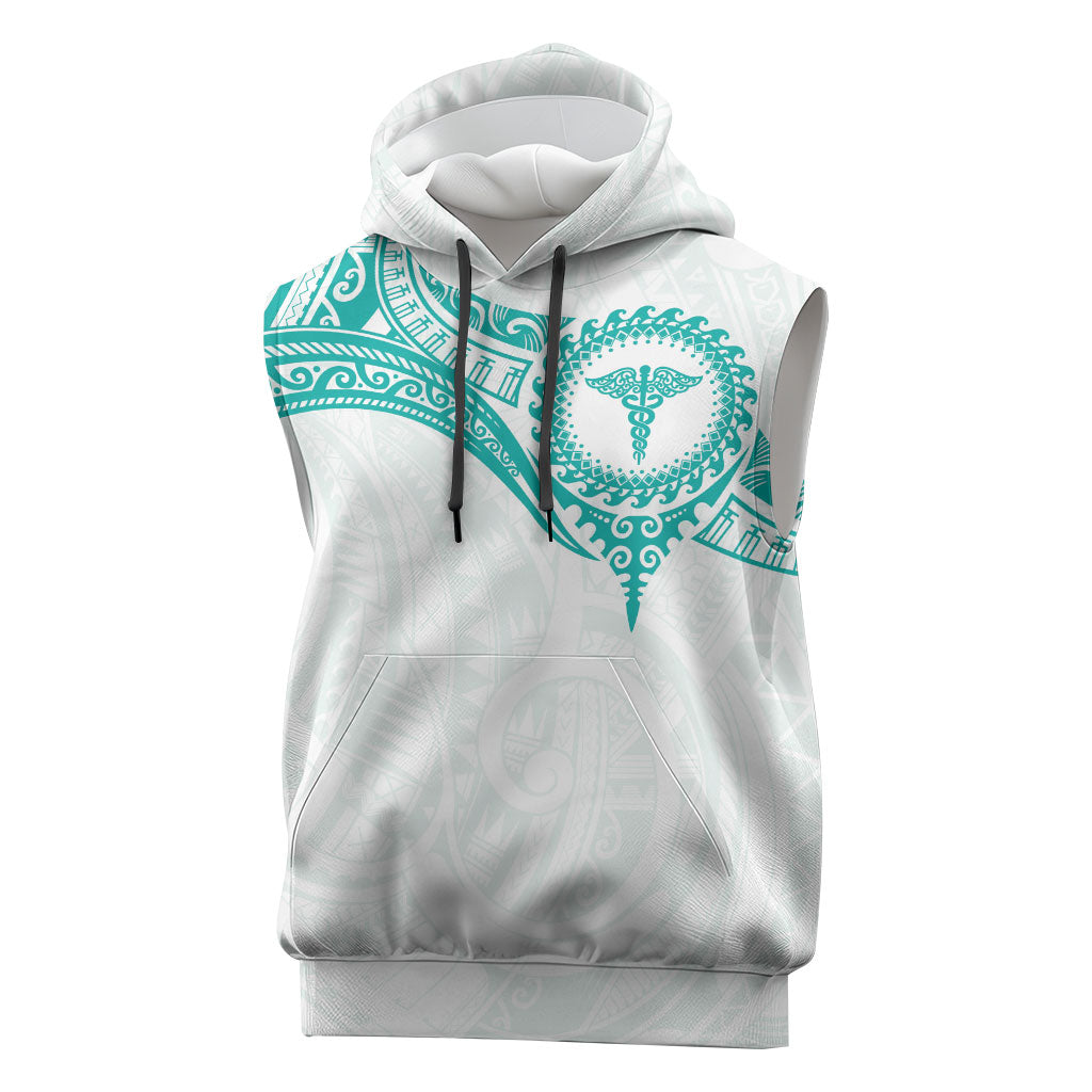 Personalised New Zealand Aotearoa Sleeveless Hoodie Nurse Tribal Teal Version