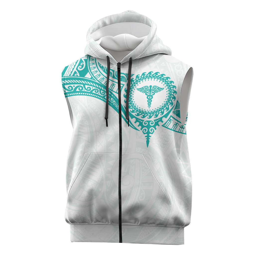 Personalised New Zealand Aotearoa Sleeveless Zip Hoodie Nurse Tribal Teal Version