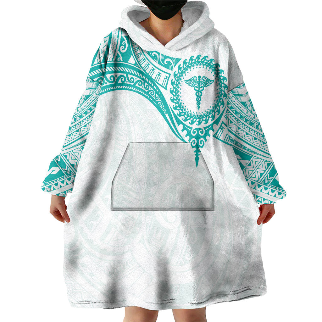 Personalised New Zealand Aotearoa Wearable Blanket Hoodie Nurse Tribal Teal Version