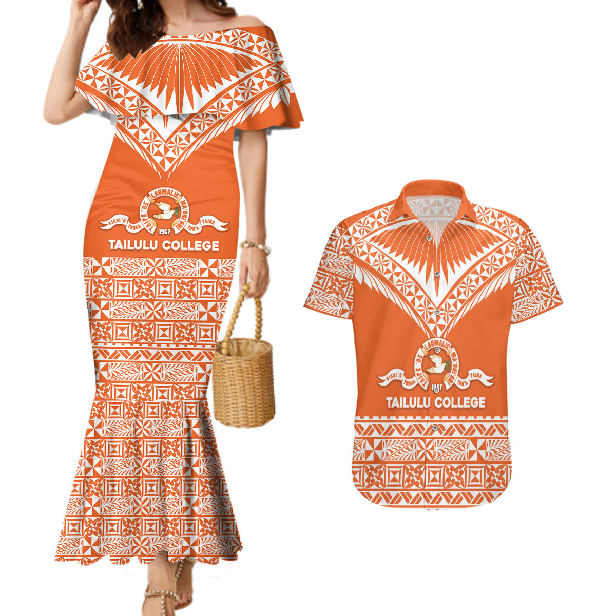 Personalised Tonga Tailulu College Couples Matching Mermaid Dress and Hawaiian Shirt Tongan Kupesi Pattern